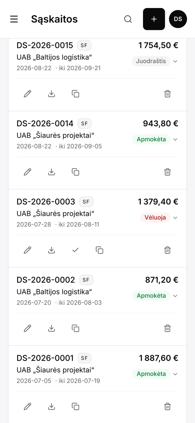 Invly telefone: sąskaitų sąrašas su sumomis ir apmokėjimo būsenomis